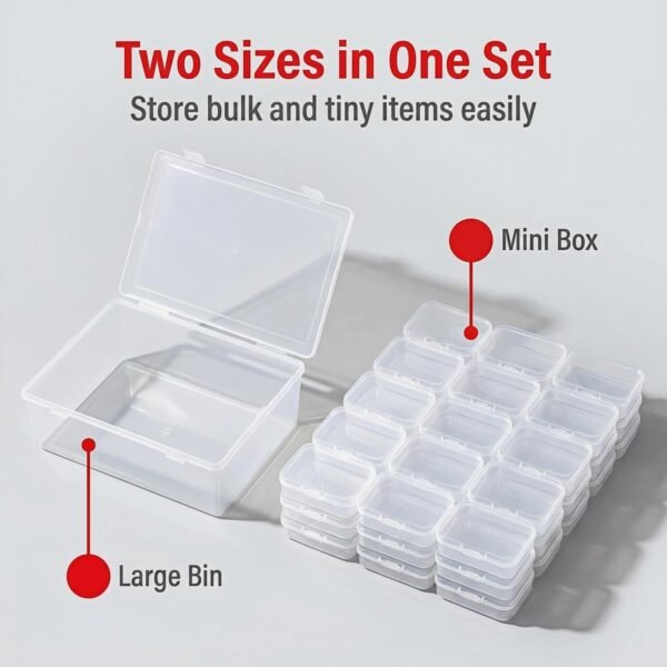 LJY 38-Piece Clear Plastic Storage Organizer Set - 2 Large Deep Bins & 36 Small Rectangular Boxes for Beads, Diamond Art Accessories, Hardware Screws & Jewelry Findings