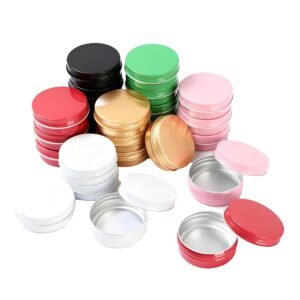 LJY 24 Pieces Multi-Colored Round Aluminum Cans Screw Lid Metal Tins Jars Empty Slip Slide Containers(2 oz) for Lotion Bars,Toiletries,Creams,Samples,Makeup Cosmetic,Balms,Beard Balm