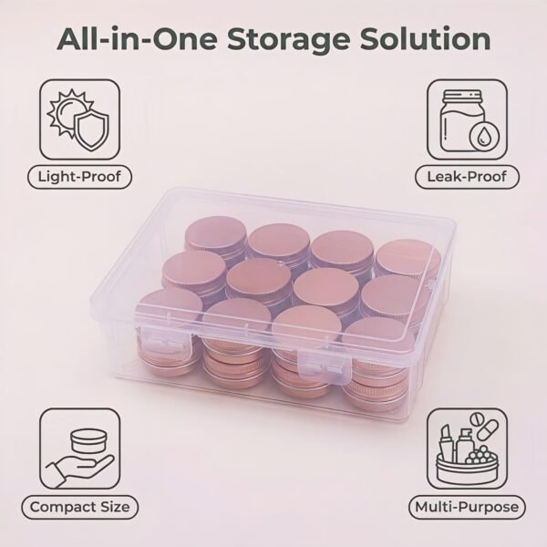 LJY 24-Pack 0.5oz Aluminum Tins with Screw Lids in Clear Storage Case, 15ml Round Empty Metal Containers for Lip Balm,Salves,Spices,Crafts, Small Cosmetic Sample Jars,Mini Candle Tins (Rose Gold)