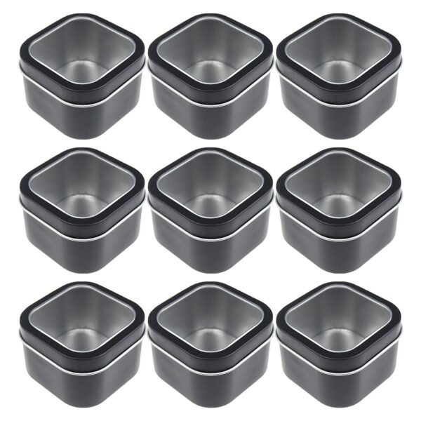 LJY Empty 4-Ounce Square Silver Metal Tins with Clear Window for Candle Making, Candies, Gifts & Treasures (9 Pack) (Black, 2.56"x2.56"x1.5")