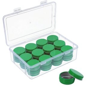 LJY 24-Pack 0.5oz Aluminum Tins with Screw Lids in Clear Storage Case, 15ml Round Empty Metal Containers for Lip Balm,Salves,Spices,Crafts, Small Cosmetic Sample Jars,Mini Candle Tins (Green)