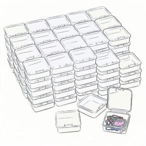 LJY 100 Pieces Square Mini Clear Plastic Storage Containers Box Case with Lids for Small Items and Other Craft Projects (1.77x1.77x0.8 inch, Transparent)