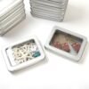 LJY 12 Pack Empty Rectangular Metal Storage Organizer Tins with Clear Window Hinged Lids for Small Items and Other Craft Projects, 4.5 x 3.3 x 0.9 inch (Silver)