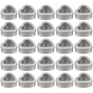LJY 25 Pack Heart Shaped Tins with Clear Window Lids, 2.5 oz Empty Candle Tins 2.3x2.4x1.1 Inches, Small Metal Containers for Crafts - Silver Empty Candle Tin with Lids