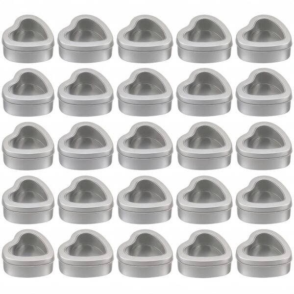 LJY 25 Pack Heart Shaped Tins with Clear Window Lids, 2.5 oz Empty Candle Tins 2.3x2.4x1.1 Inches, Small Metal Containers for Crafts - Silver Empty Candle Tin with Lids