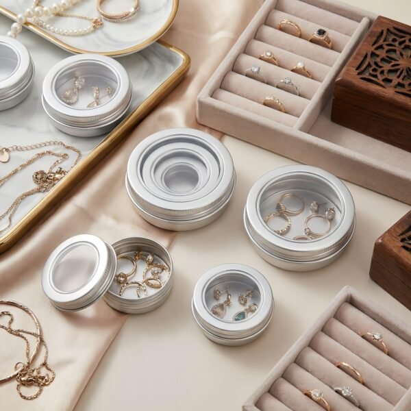 LJY Aluminum Tin Jar Refillable Containers Round Tin Container Bottle for DIY Projects,Gifts,Cosmetic,Cream,Diamond,Balms,Lip Balm (Silver Clear Lids, 48 Pcs 2oz/1oz/0.5oz)
