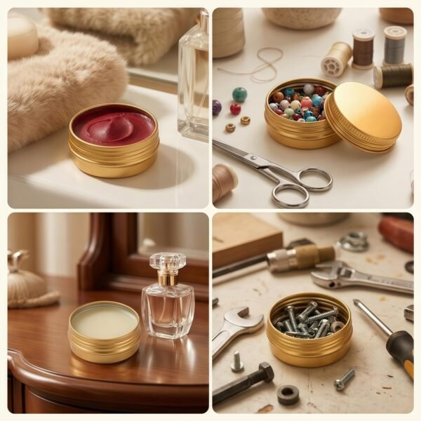 LJY 24-Pack 0.5oz Aluminum Tins with Screw Lids in Clear Storage Case, 15ml Round Empty Metal Containers for Lip Balm,Salves,Spices,Crafts, Small Cosmetic Sample Jars,Mini Candle Tins (Gold)