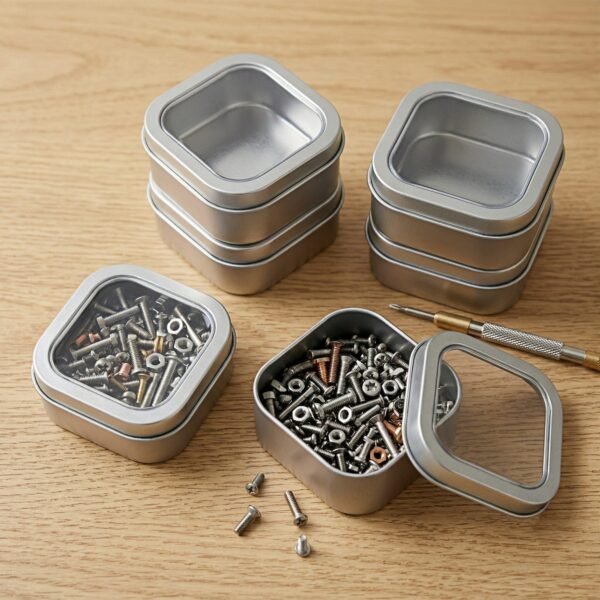 LJY Empty 8-Ounce Capacity Square Silver Metal Tins with Clear Window for Candle Making, Candies, Gifts & Treasures (6 Pack) (Silver, 2.95"x2.95"x1.89")