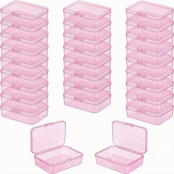 LJY 28 Pieces Rectangular Empty Mini Clear Plastic Organizer Storage Box Containers with Hinged Lids (3.3 x 2.2 x 1 inch, Pink)
