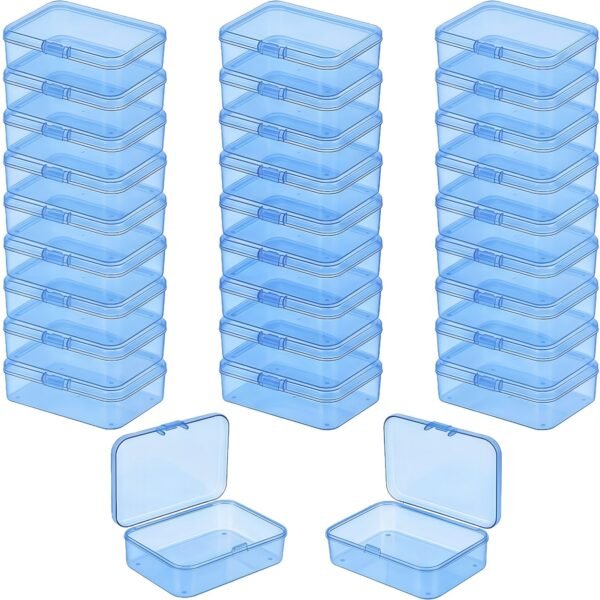 LJY 28 Pieces Rectangular Empty Mini Clear Plastic Organizer Storage Box Containers with Hinged Lids (3.3 x 2.2 x 1 inch, Blue)