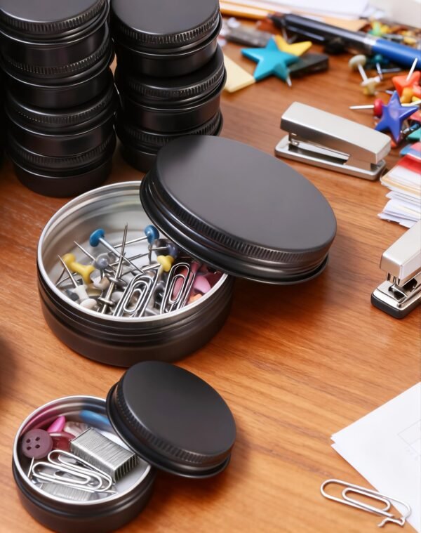 LJY Aluminum Tin Jar Refillable Containers Round Tin Container Bottle for DIY Projects,Gifts,Cosmetic,Cream,Diamond Balm Candle Salve Lip Balm Tins(Black, 48 Pcs 2oz/1oz/0.5oz)