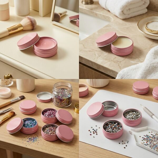 LJY 24-Pack 0.5oz Aluminum Tins with Screw Lids in Clear Storage Case, 15ml Round Empty Metal Containers for Lip Balm,Salves,Spices,Crafts, Small Cosmetic Sample Jars,Mini Candle Tins (Pink)