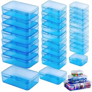 LJY 28-Piece Plastic Storage Containers with Lids (3 Assorted Sizes), Rectangular Organizer Box Set Blue Tinted Storage Boxes for Screws, Nuts & Garage Items, Color-Coded Organization, Blue
