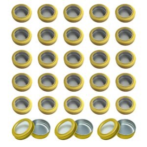 LJY 28 Pack 1 oz Aluminum Tins with Gold Clear Lids - See-Through Luxury Empty Containers for Wax Melts, Cosmetics, DIY Crafts & Display Storage,Refillable Does Not Rust