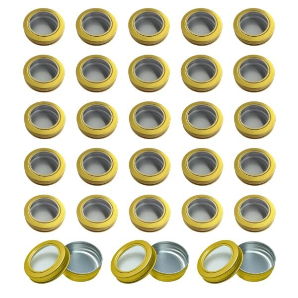 LJY 28 Pack 1 oz Aluminum Tins with Gold Clear Lids - See-Through Luxury Empty Containers for Wax Melts, Cosmetics, DIY Crafts & Display Storage,Refillable Does Not Rust