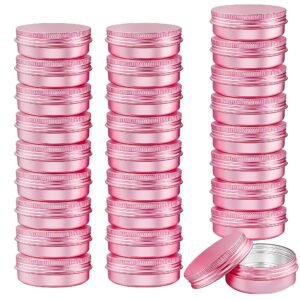 LJY Pink Aluminum Tins with Screw Lids, 1 oz Small Metal Containers, 28 Pack Refillable Tin for Cosmetics, Personal Care, Organization, DIY Storage 30 ml