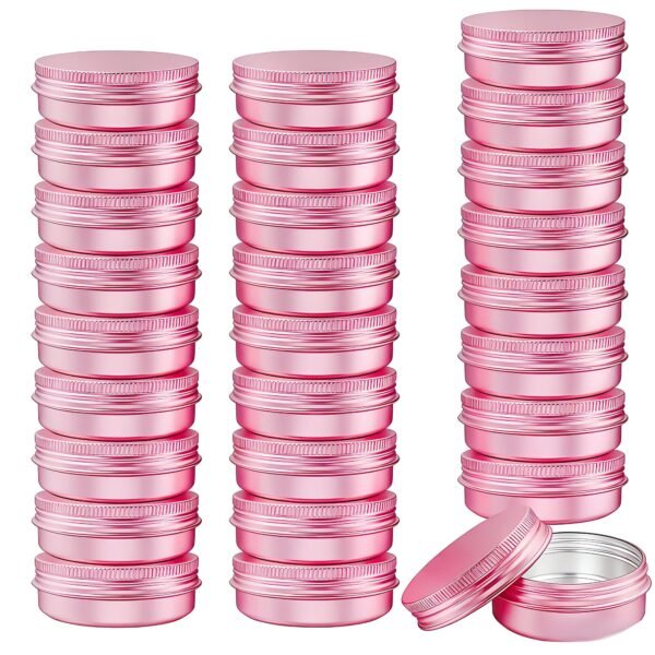 LJY Pink Aluminum Tins with Screw Lids, 1 oz Small Metal Containers, 28 Pack Refillable Tin for Cosmetics, Personal Care, Organization, DIY Storage 30 ml