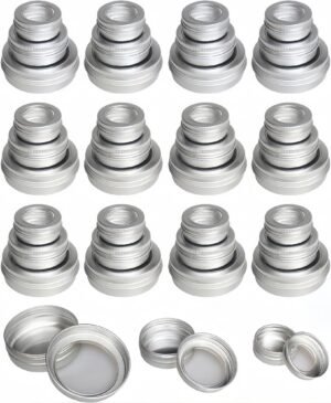 LJY Aluminum Tin Jar Refillable Containers Round Tin Container Bottle for DIY Projects,Gifts,Cosmetic,Cream,Diamond,Balms,Lip Balm (Silver Clear Lids, 48 Pcs 2oz/1oz/0.5oz)