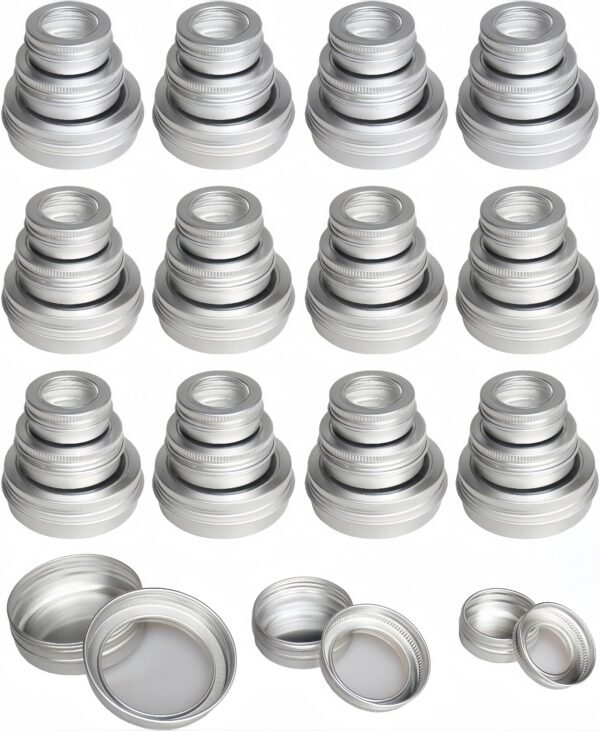 LJY Aluminum Tin Jar Refillable Containers Round Tin Container Bottle for DIY Projects,Gifts,Cosmetic,Cream,Diamond,Balms,Lip Balm (Silver Clear Lids, 48 Pcs 2oz/1oz/0.5oz)