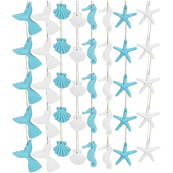 40 Pieces Ocean Themed Hanging Resin Seashells Ornaments for Summer Party Beach Wedding Christmas Tree Home Decor & DIY Craft Projects (White + Blue)