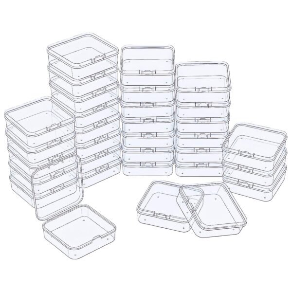 LJY 32 Pieces Square Mini Clear Plastic Storage Containers Box Case with Lids for Small Items and Other Craft Projects (2.5 x 2.5 x 0.8 inch, Transparent)
