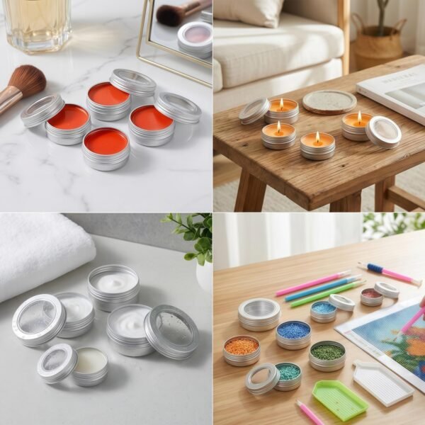 LJY Aluminum Tin Jar Refillable Containers Round Tin Container Bottle for DIY Projects,Gifts,Cosmetic,Cream,Diamond,Balms,Lip Balm (Silver Clear Lids, 48 Pcs 2oz/1oz/0.5oz)