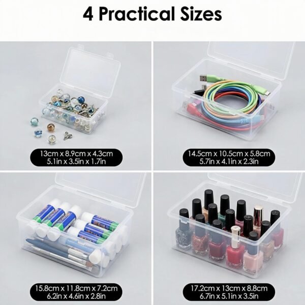 LJY 8-Piece Large Storage Container Set, Clear Plastic Organizer Boxes with Hinged Lids, 4 Assorted Sizes for Crafts, Hardware, Nail Art Accessories, and Beads, Stackable Nesting Bins