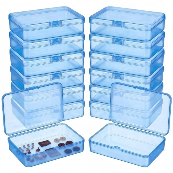 LJY 12 Pieces Rectangular Empty Mini Clear Plastic Organizer Storage Box Containers with Hinged Lids (4.5 x 3.3 x 1.1 inch, Blue)