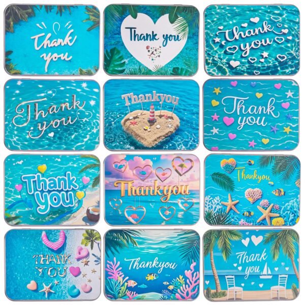 LJY 12 Pack Thank You Image Pattern Empty Rectangular Metal Storage Organizer Tins Gift Boxes with Hinged Lids, 4.5 x 3.3 x 0.9 inch