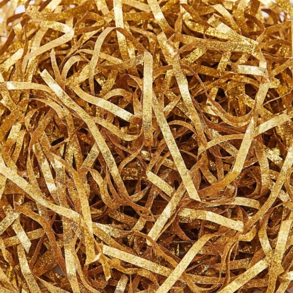 LJY Golden Glitter Raffia Paper Shreds, 100g Crinkle Cut Filler for Gift Wrapping, Basket Filling, Wedding Decorations, Party Supplies, and DIY Crafts Shredded Confetti Strands