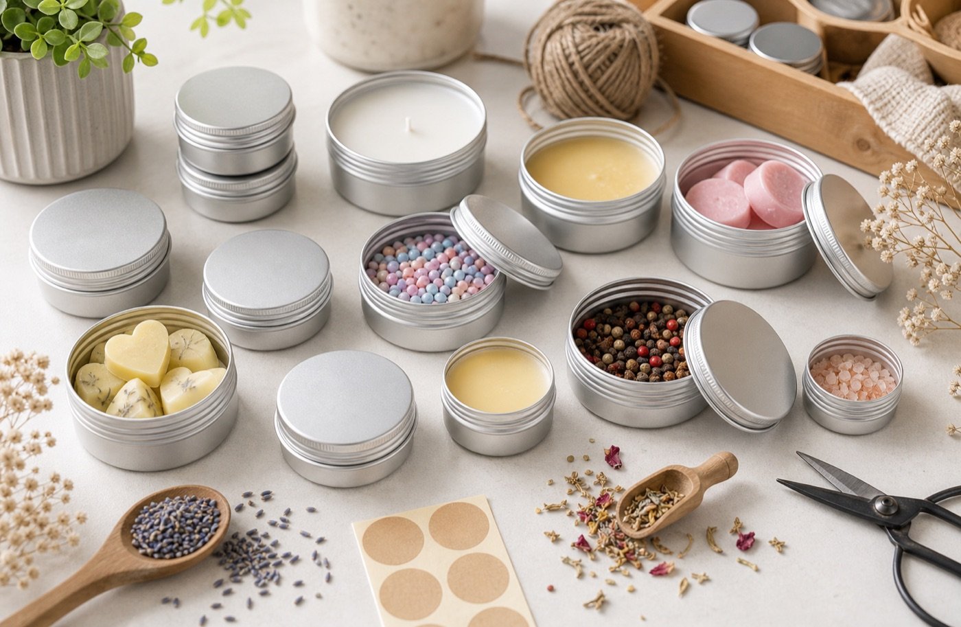 Aluminum tins for DIY candles, balm samples, spices, labels, beads, and small craft storage