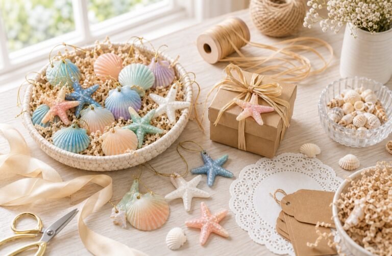 Coastal decorative supplies with resin starfish, shell ornaments, raffia ribbon, paper filler, gift tags, and doilies