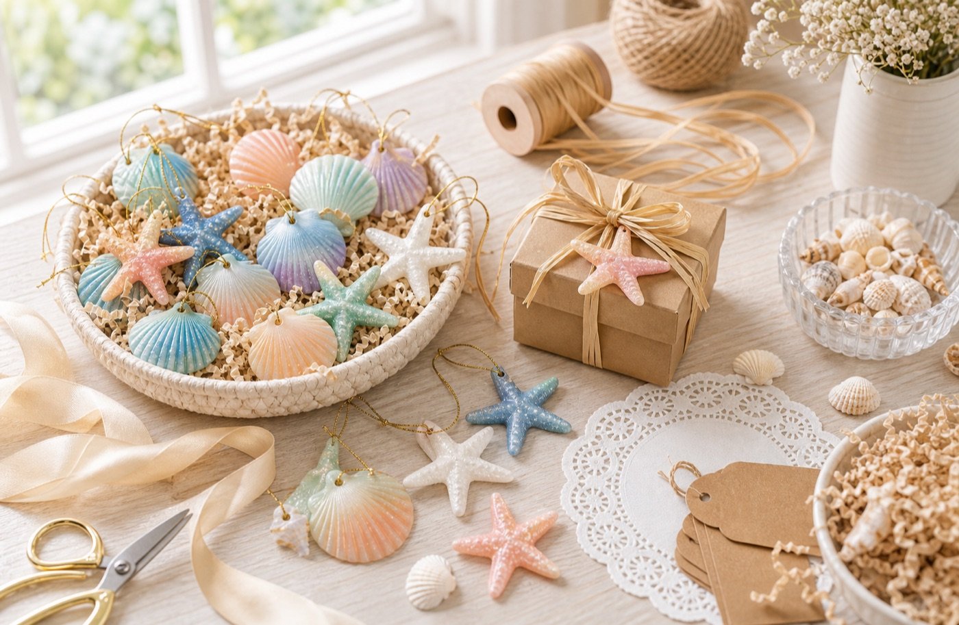 Coastal decorative supplies with resin starfish, shell ornaments, raffia ribbon, paper filler, gift tags, and doilies