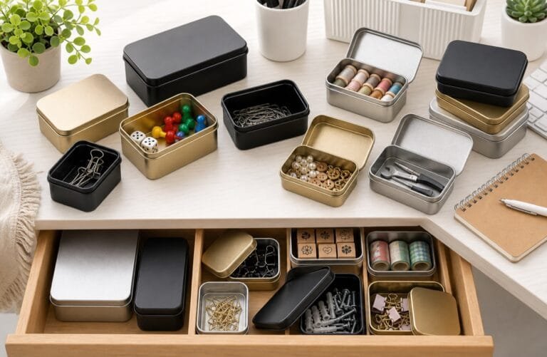 Metal storage boxes with lids for card games, paper clips, labels, craft findings, and small hardware
