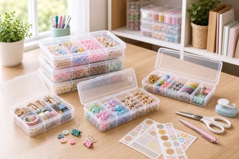 Clear plastic boxes organized with beads, stickers, clips, sewing supplies, labels, and small tools