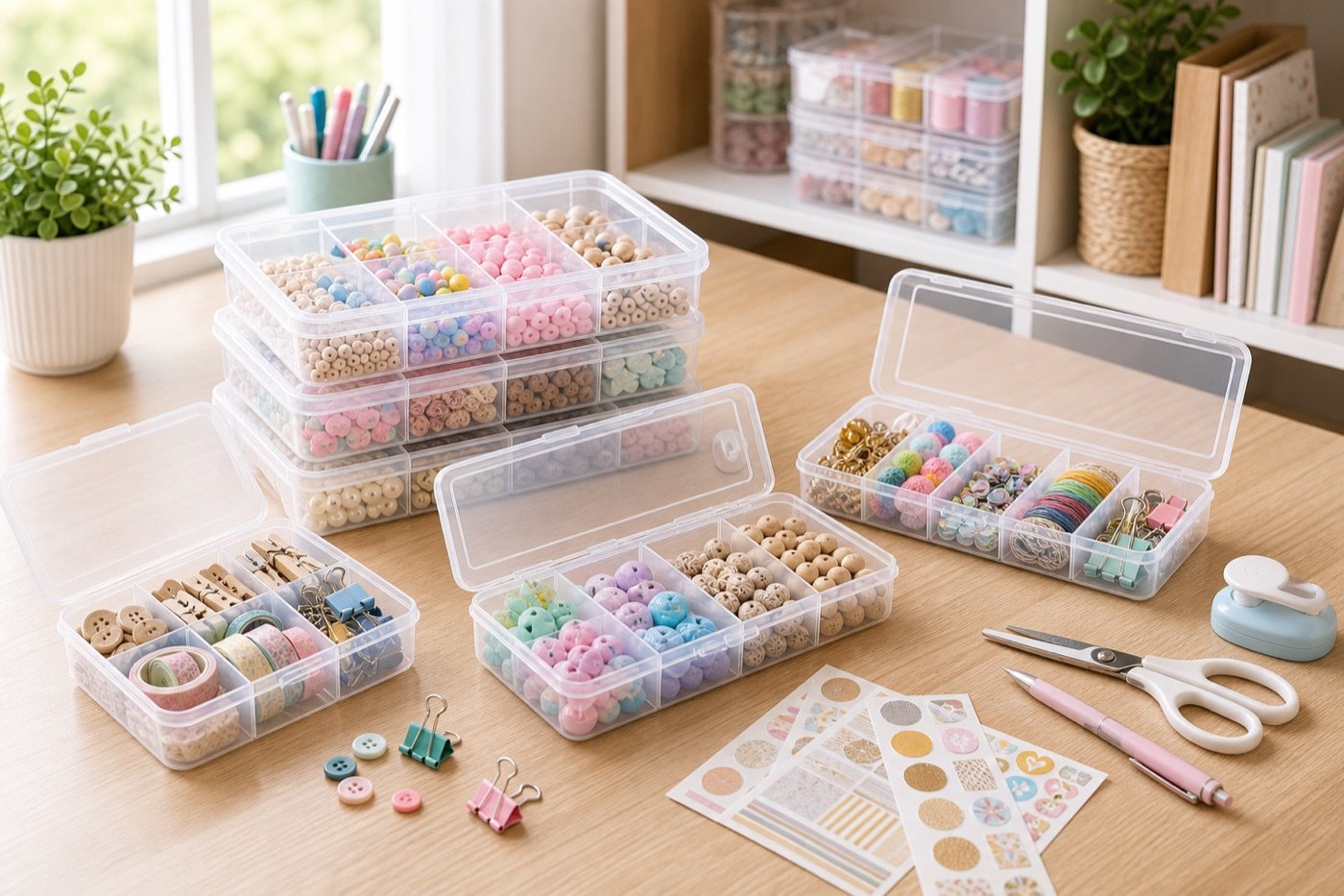 Clear plastic boxes organized with beads, stickers, clips, sewing supplies, labels, and small tools