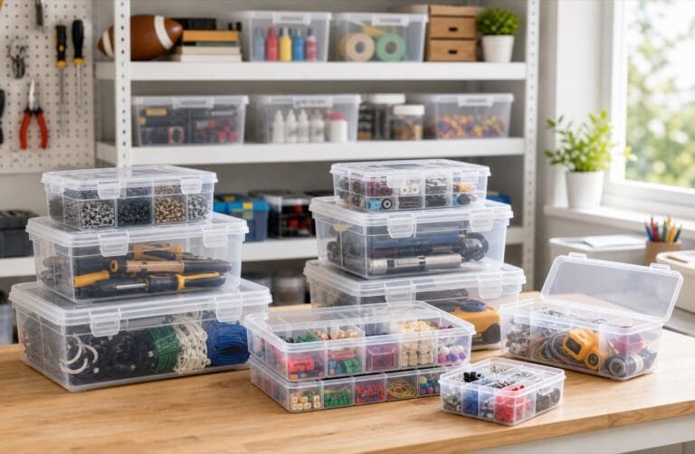 Stackable plastic storage boxes in multiple sizes for garage, classroom, craft cart, and project kits