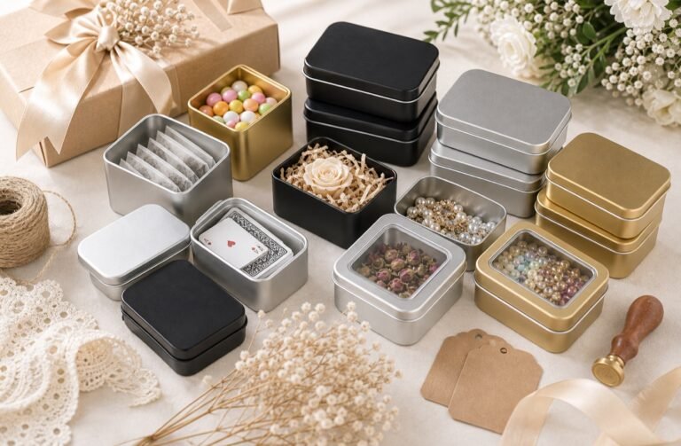 Tin boxes with lids for tea, candy, keepsakes, card games, craft beads, ribbon, and blank gift tags