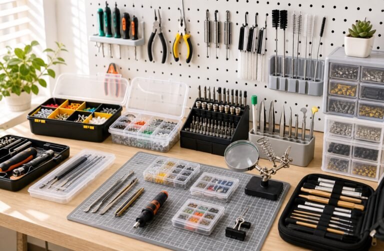 Tool accessories, brushes, clips, tweezers, repair bits, screw organizers, and small boxes on a clean workbench