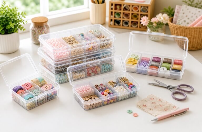 Clear plastic organizer boxes for beads, craft supplies, buttons, thread, and small workspace storage