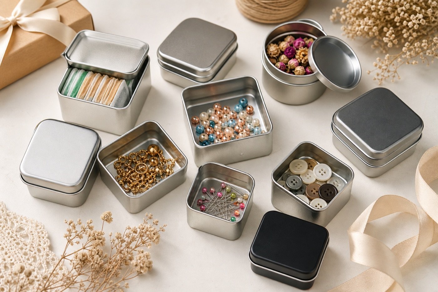 Small metal tin boxes for craft storage, keepsakes, buttons, beads, tea packets, and gift packaging