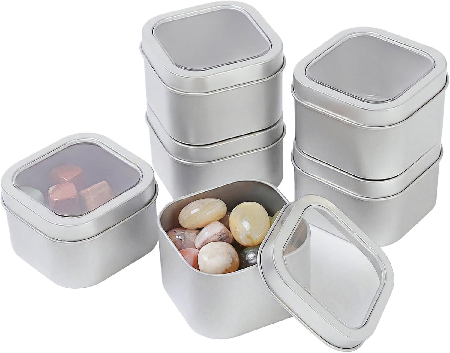 LJY square 8 ounce silver metal tins with clear window