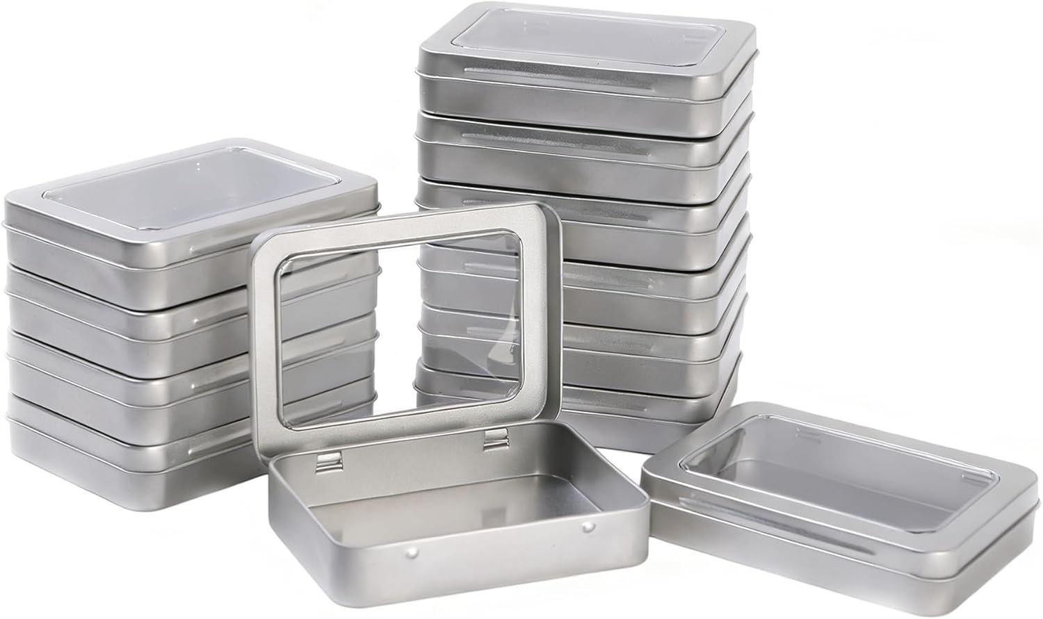 LJY rectangular silver tins with clear window hinged lids