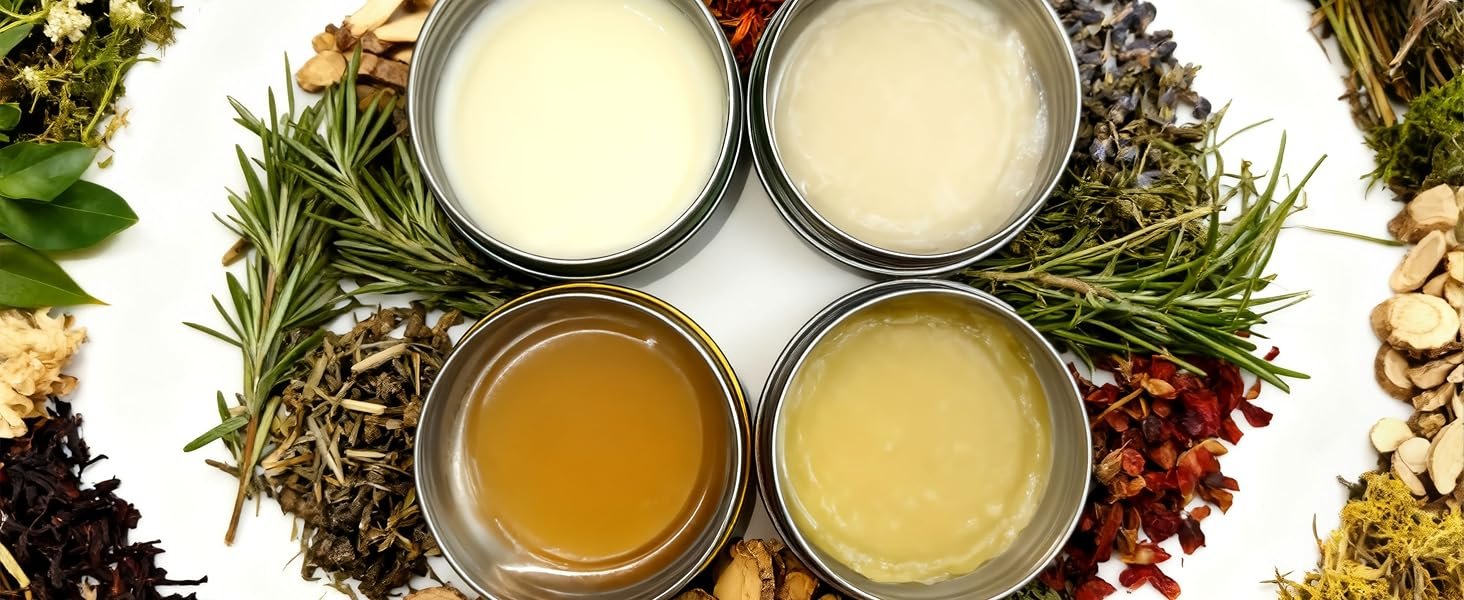 LJY aluminum tins filled with salves and balms, surrounded by dried herbs