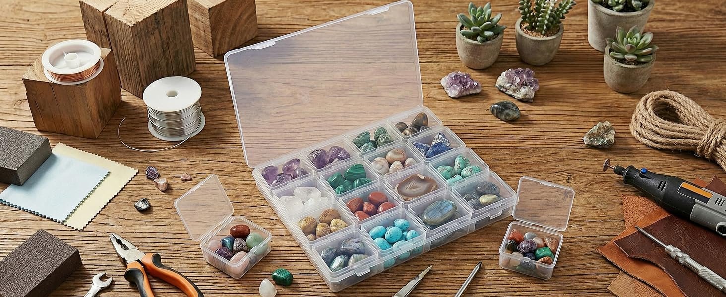 LJY modular clear bead box holding sorted gems and beads on a craft table