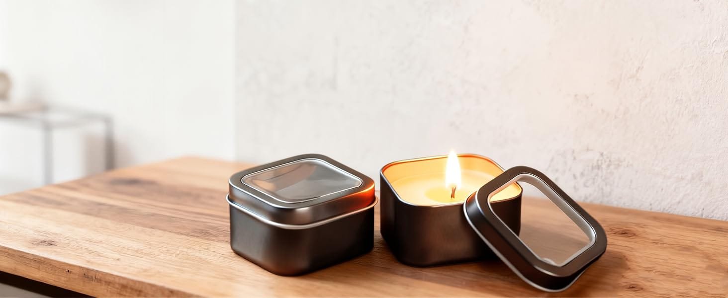 Lit candles poured into LJY square window tins on a wooden table